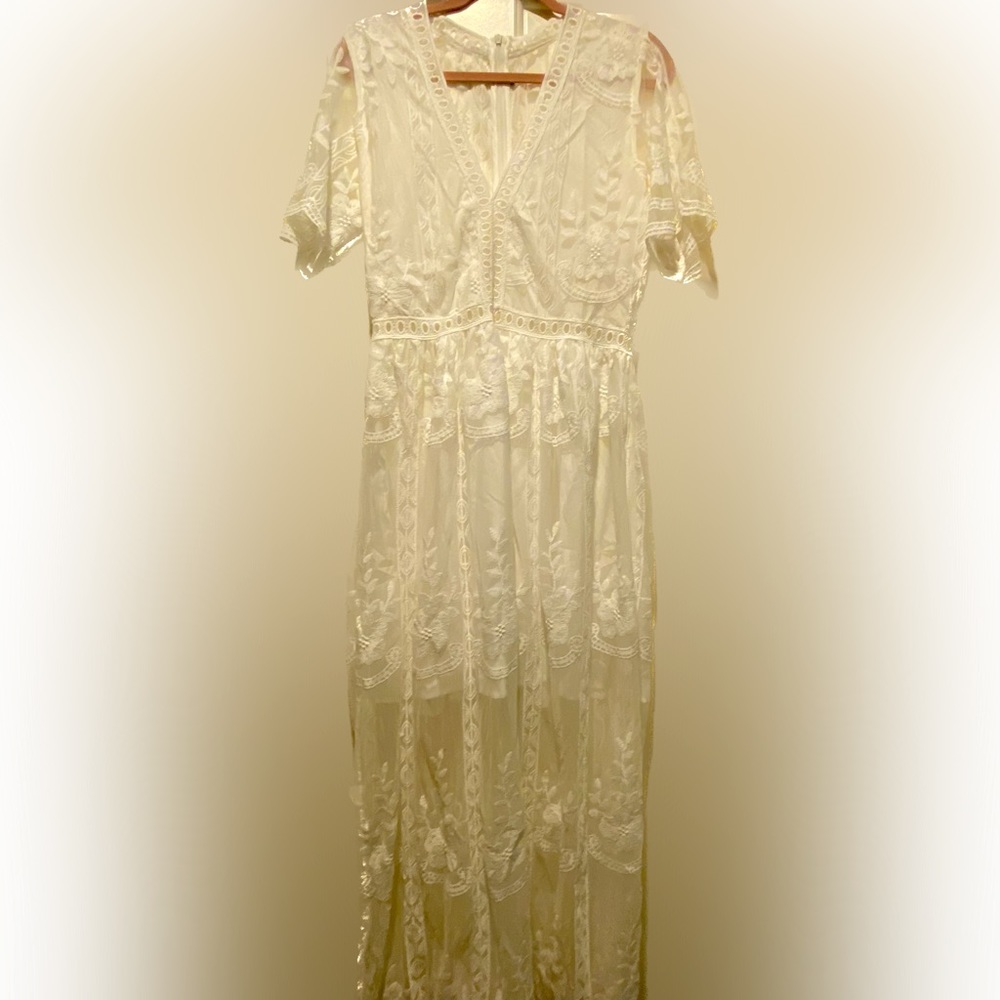 White lace long dress with flutter sleeves